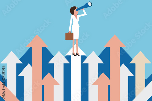 Searching for Growth Opportunity, Vision to Look and See Future, Challenge Ahead or Motivation to Grow Business Concept, Businesswoman on Arrows Look Through Binoculars to Find Business Opportunity

