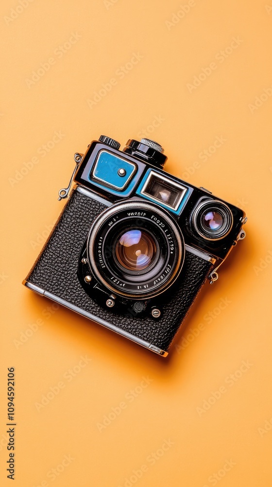 Fototapeta premium Vintage Camera on Vibrant Orange Background Showcasing Classic Photography Equipment and Retro Style