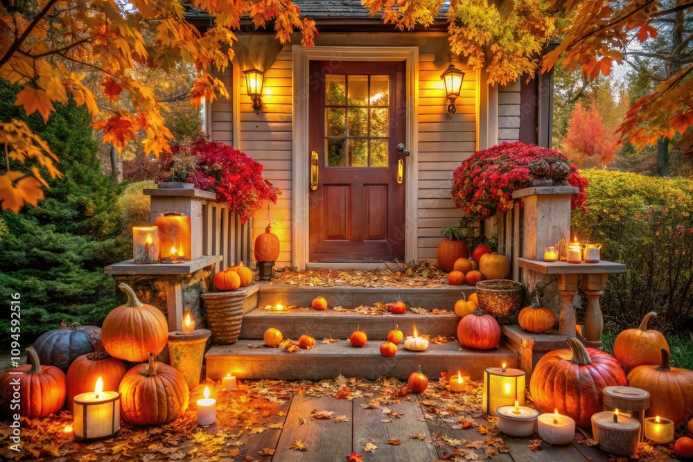 Obraz premium Cozy Autumn Porch with Halloween Pumpkins, Candles, and Falling Leaves for Seasonal Festivities