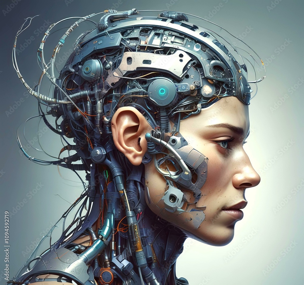Technology illustration of cyborg with brain connections. Technology illustration of cyborg with brain connections.