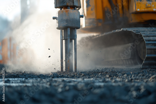 Close-up of the piling machine in action, with dust rising around and light reflecting off its surface. The background is an industrial construction site under bright sunlight.