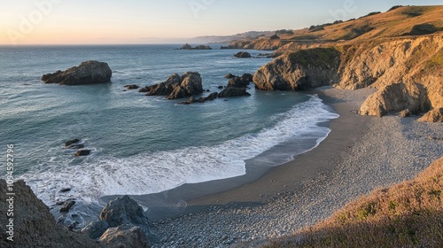 Coastal Landscape with Rocky Cliffs, Pebble Beach, and Calm Ocean Waves