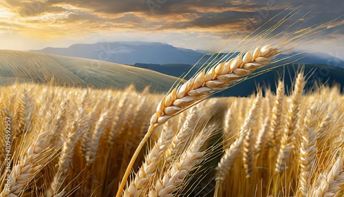 Close-up of a golden ear of wheat isolated on a transparent or white background, ideal for agricultural themes, food industry, farming concepts, or organic product branding visuals. photo