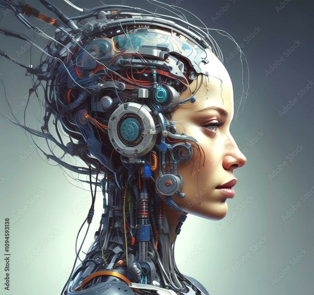 Technology illustration of cyborg with brain connections. Technology illustration of cyborg with brain connections.