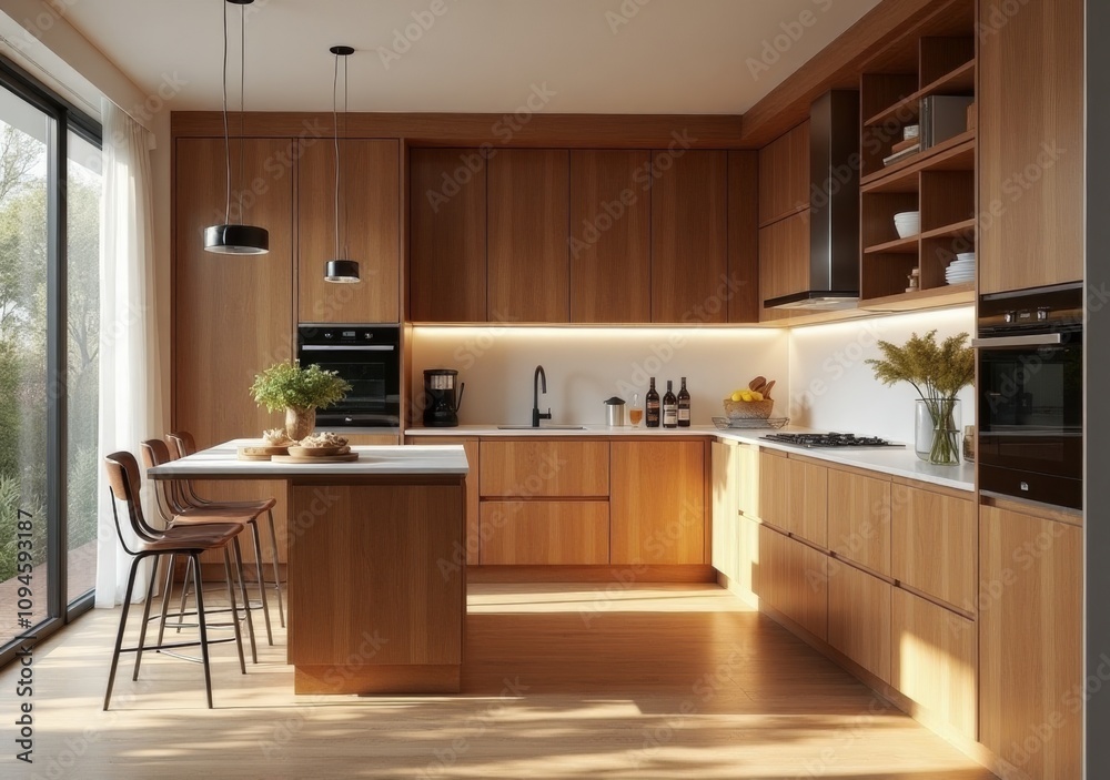 Fototapeta premium Modern wooden kitchen interior with dining space and large windows letting in natural light