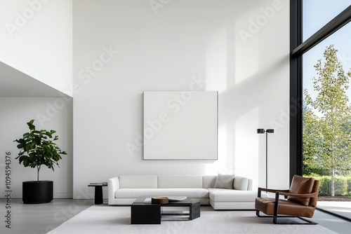 Modern minimalist living room interior with large window, sectional sofa, armchair, coffee table, and potted plant.