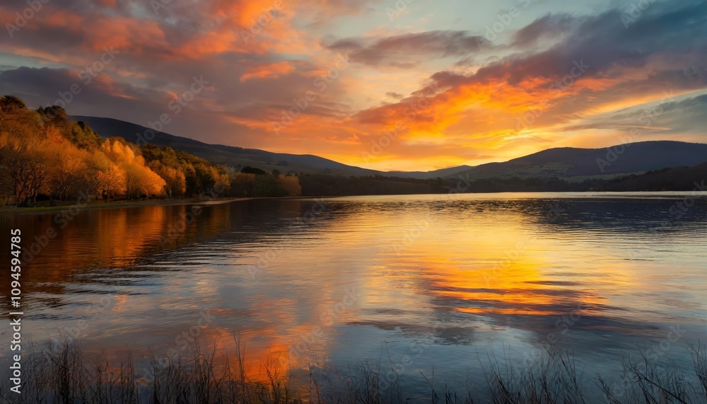 A stunning image capturing a vibrant sunset over a tranquil lake, where radiant hues of orange, pink, and purple shimmer in the waters reflection, creating a breathtakingly serene and A stunning image capturing a vibrant sunset over a tranquil lake, where radiant hues of orange, pink, and purple shimmer in the waters reflection, creating a breathtakingly serene and