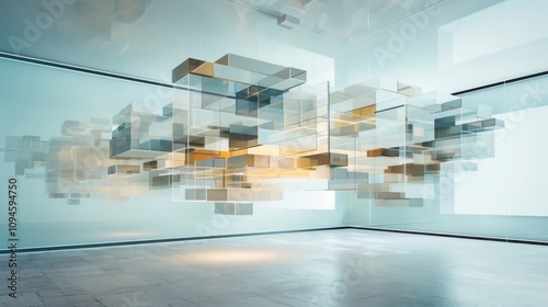 Futuristic display of floating glass screens with geometric icons in a modern space photo