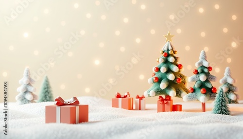 Christmas trees with presents on a snowy ground.