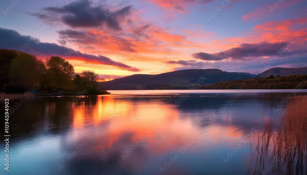 A Captivating Image of a Vibrant Sunset Over a Serene Lake, Showcasing Stunning Colorful Reflections Shimmering on the Water, Blending Warm and Cool Hues in an Idyllic Natural Scene A Captivating Image of a Vibrant Sunset Over a Serene Lake, Showcasing Stunning Colorful Reflections Shimmering on the Water, Blending Warm and Cool Hues in an Idyllic Natural Scene