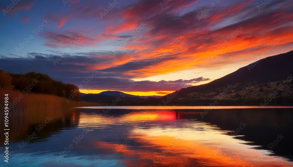 A mesmerizing vibrant sunset over a tranquil lake with vivid reflections shimmering across the calm water, showcasing a breathtaking harmony of colors and natural beauty. A mesmerizing vibrant sunset over a tranquil lake with vivid reflections shimmering across the calm water, showcasing a breathtaking harmony of colors and natural beauty.