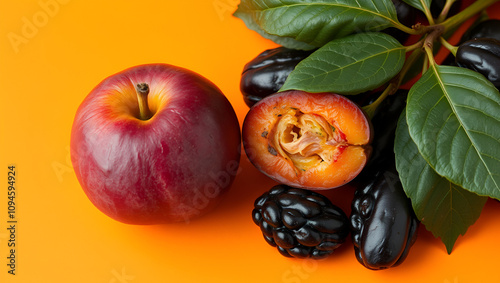 Ripe plum and ugly accreted prunes on an orange background. Place for text. Fused fruits. Funny, unnormal vegetable or food waste concept photo