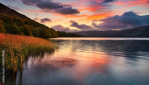 A breathtaking image capturing the vibrant hues of a sunset casting their glow over a serene lake, with dazzling reflections on the waters surface creating a tranquil and captivating scene.