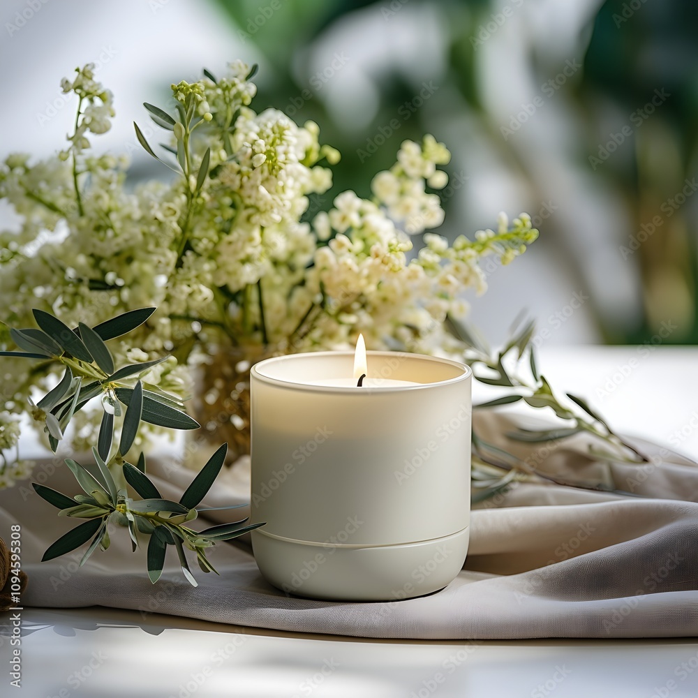 Spa still life, Spa Day, Relaxation, Towel with white lit candle and white flowers, blurred background, Zen, serenity Spa still life, Spa Day, Relaxation, Towel with white lit candle and white flowers, blurred background, Zen, serenity