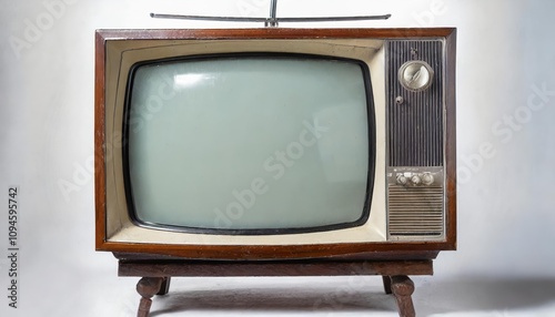 Authentic vintage retro TV set with blank screen, isolated against a clean white background, showcasing nostalgic mid-century design and classic old-fashioned technology, perfect for photo