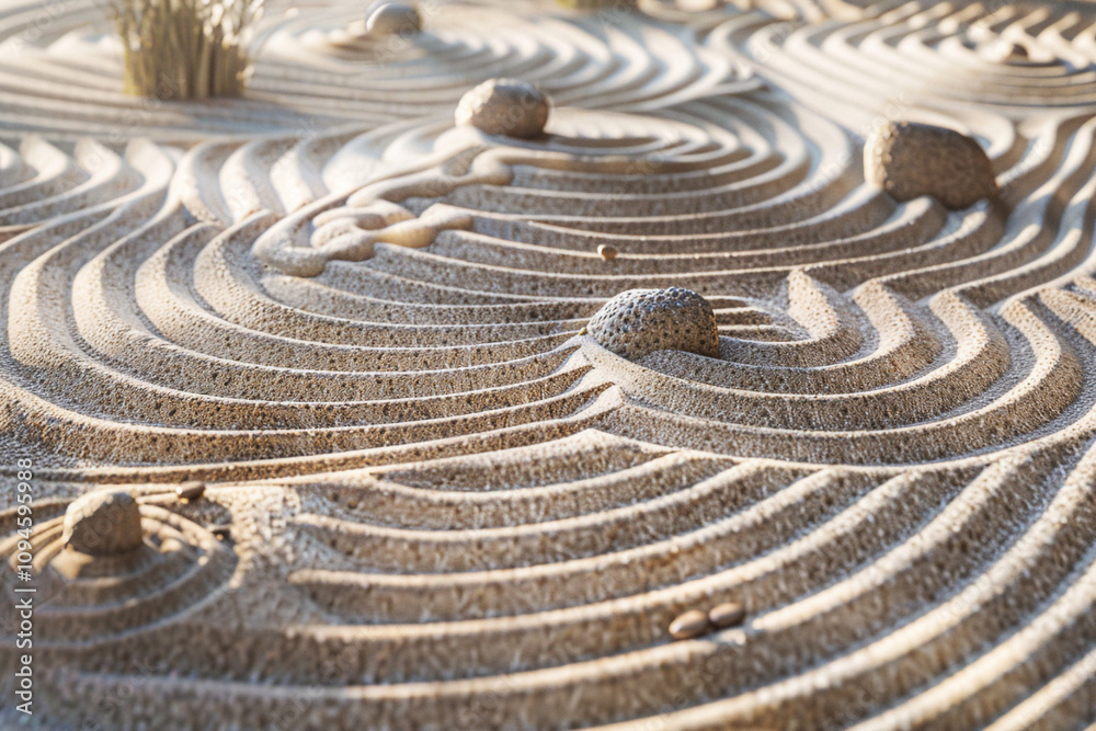 A zen sand garden with carefully raked patterns and small decorative stones. A zen sand garden with carefully raked patterns and small decorative stones.