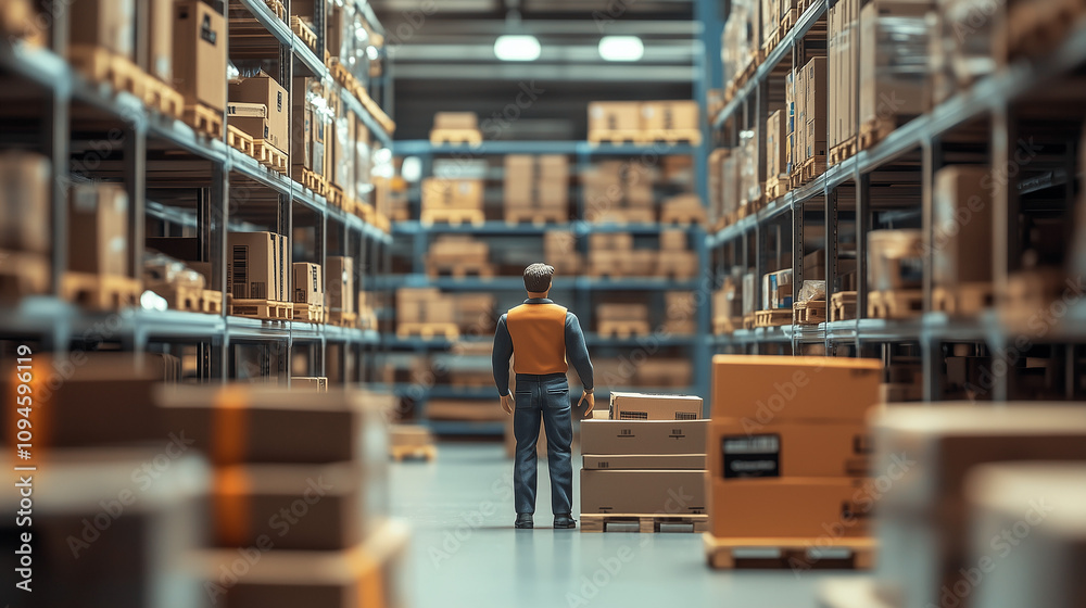 Obraz premium Miniature Worker Handling Cardboard Boxes in a Warehouse