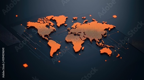 Fototapeta Naklejka Na Ścianę i Meble -  3D orange world map on dark background with digital circuit lines.