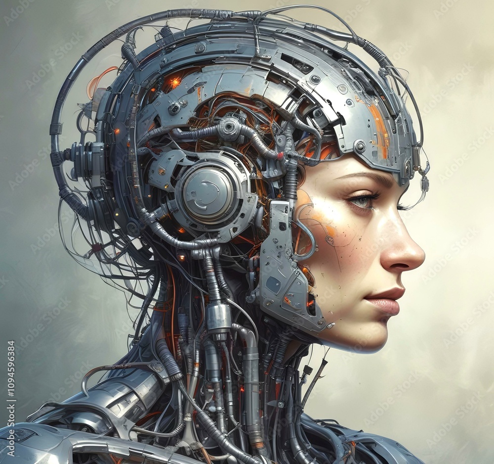 Technology illustration of cyborg with brain connections.