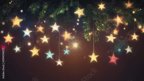 abstract Christmas Lights Stars String Hanging At Fir Branches In Defocused Background motion