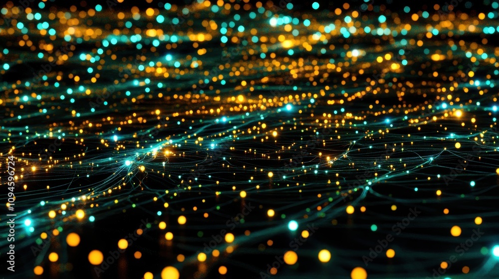Network glowing showing connections between data points with orange and teal lights. Network glowing showing connections between data points with orange and teal lights.