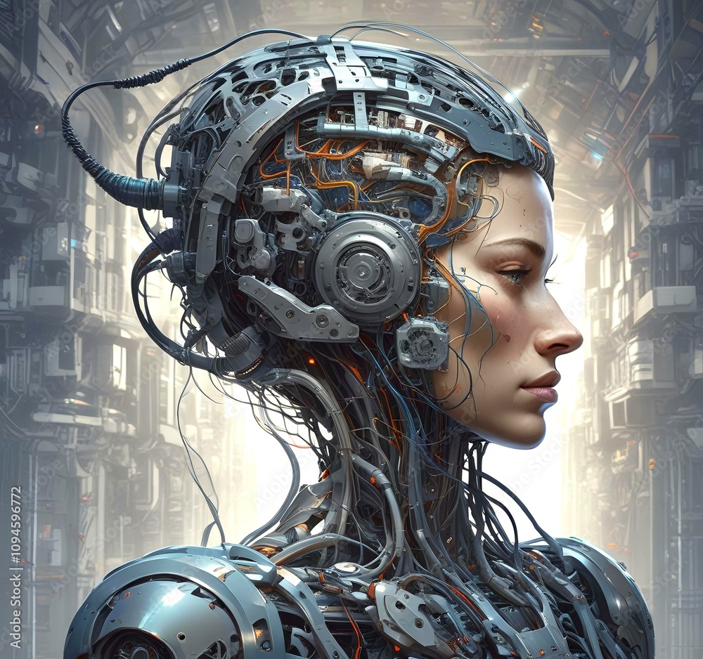 Technology illustration of cyborg with brain connections. Technology illustration of cyborg with brain connections.