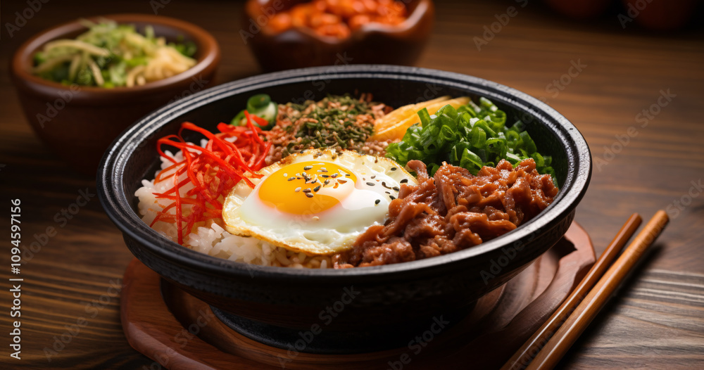 Delicious bowl of rice topped with egg, meat, and colorful vegetables served in a traditional dish at a cozy restaurant setting Delicious bowl of rice topped with egg, meat, and colorful vegetables served in a traditional dish at a cozy restaurant setting