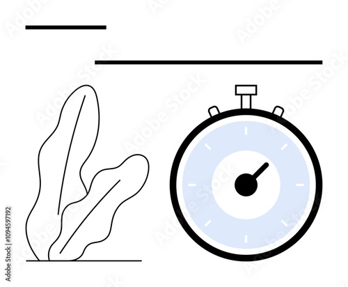 Stopwatch next to abstract leaves with black lines above and below. Ideal for themes of time management, nature, minimalism, balance, productivity, simplicity, motivation. Line metaphor
