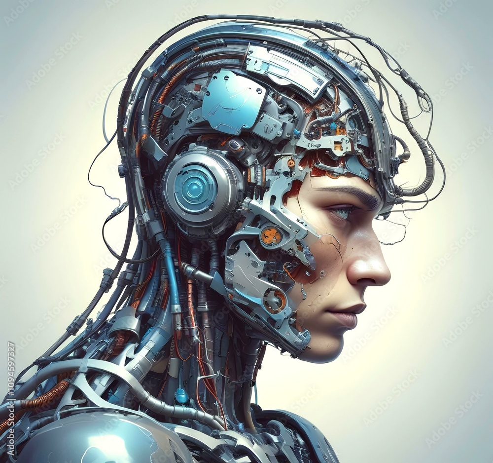 Fototapeta premium Technology illustration of cyborg with brain connections.