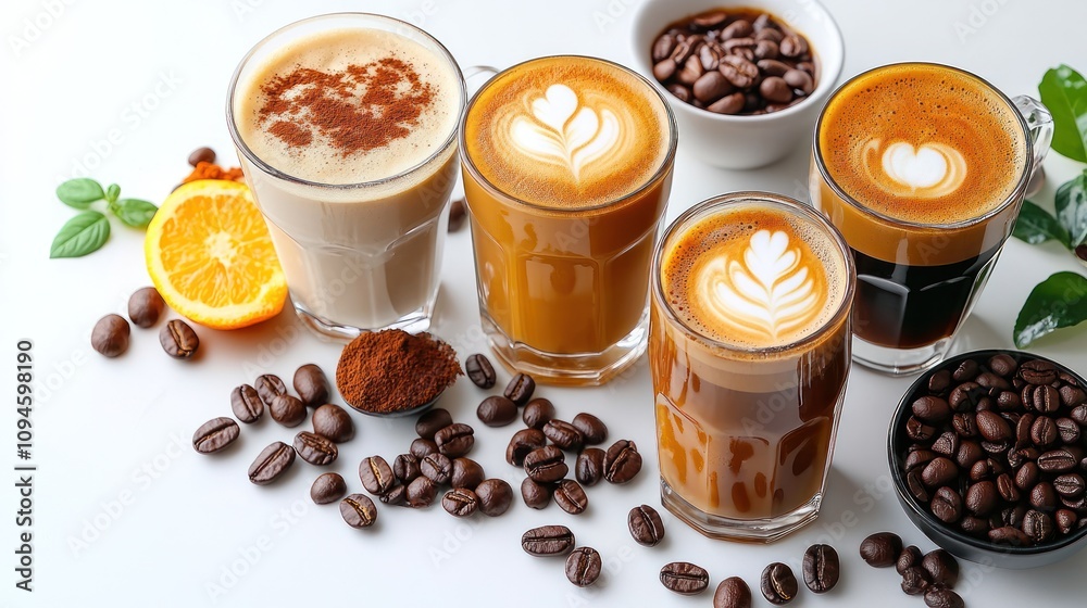 Four coffee drinks with latte art, beans, and orange slices. Four coffee drinks with latte art, beans, and orange slices.