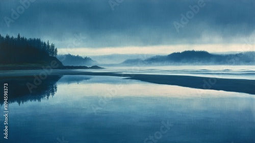 Wallpaper Mural A Misty Morning Over a Coastal Forest and Calm Water Torontodigital.ca