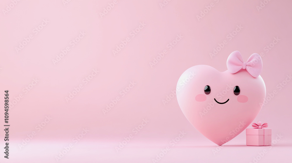 Cute pink heart with a smile and gift box on a soft pink background. Generative AI Cute pink heart with a smile and gift box on a soft pink background. Generative AI