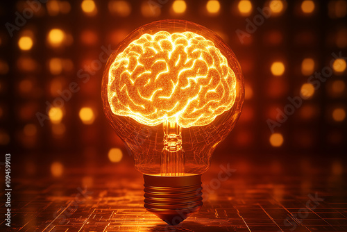 Illuminating Minds: A Glowing Brain Inside a Lightbulb, Symbolizing Ideas, Intelligence, and Creative Potential photo