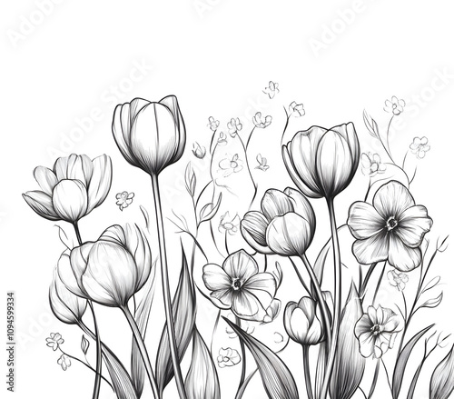 Clip Art, Vector simple line drawing of tulips and small flowers, white background.