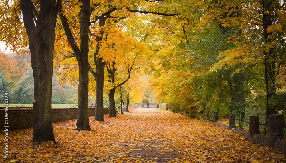 Naklejka premium A breathtaking autumn alley illuminated with golden hues, vibrant foliage, and scattered leaves, capturing the essence of falls natural beauty in a serene, picturesque outdoor scene.