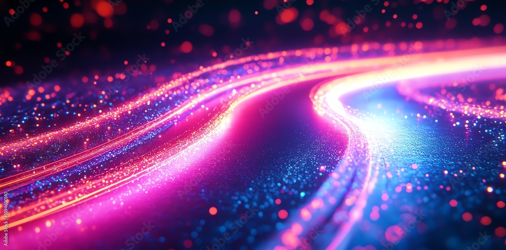Fototapeta premium Abstract digital art featuring vibrant, flowing lines and glowing particles.
