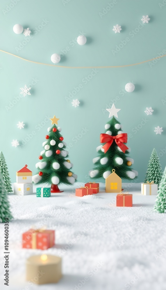Miniature Christmas trees with gifts on a snowy background. Miniature Christmas trees with gifts on a snowy background.