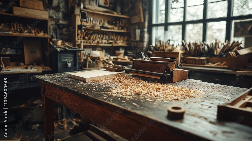 A Woodworker's Workshop with Tools and Wood Shavings A Woodworker's Workshop with Tools and Wood Shavings