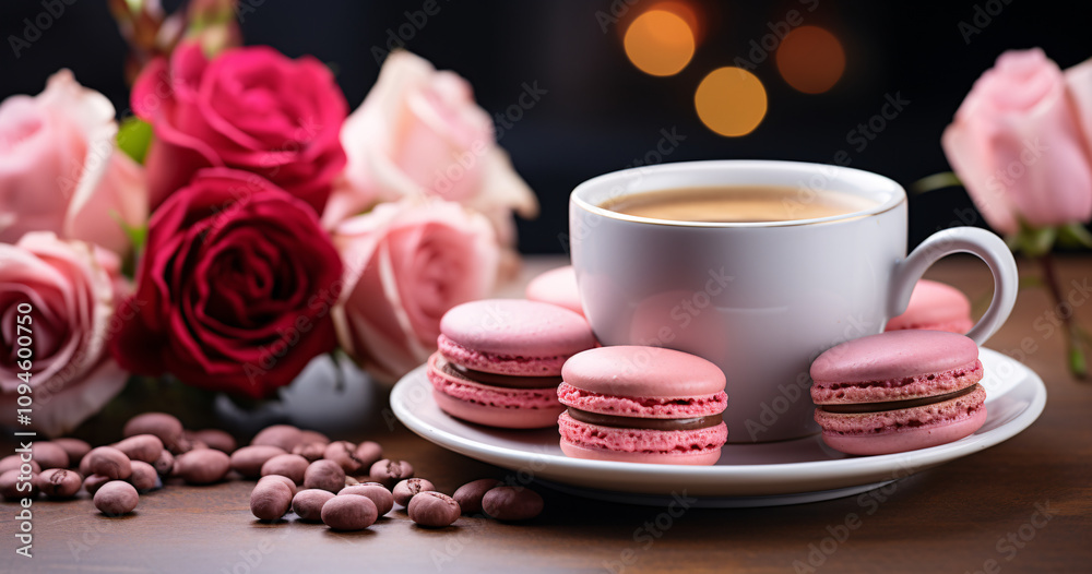 Delicious pink macarons and aromatic coffee arranged elegantly beside fresh roses on a cozy table setting with a warm ambiance Delicious pink macarons and aromatic coffee arranged elegantly beside fresh roses on a cozy table setting with a warm ambiance