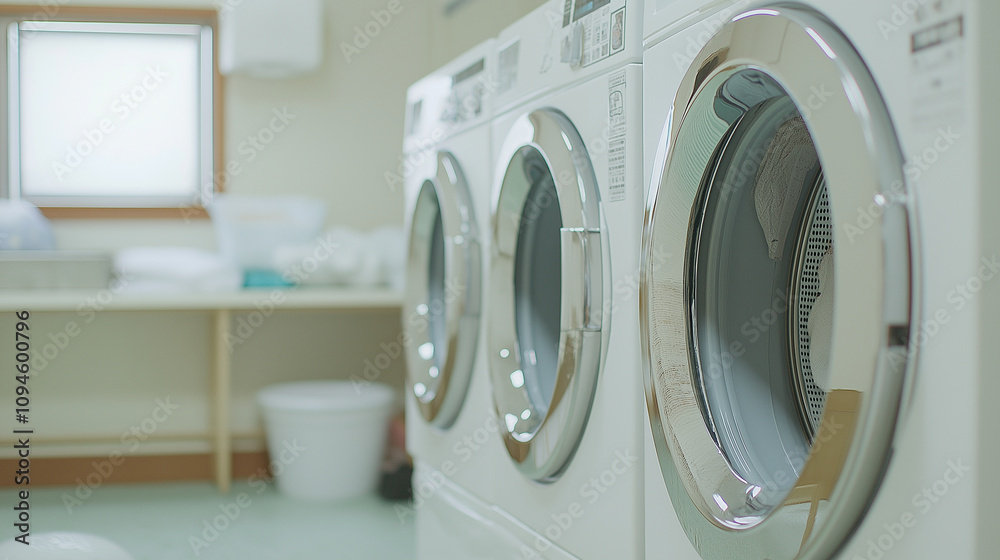Close-up of white washing machines in a laundry room, simple background, 