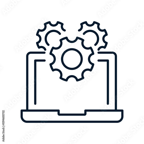 Laptop, gears. Software service concept. Vector linear icon isolated on white background.