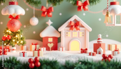 Festive Christmas village scene with miniature houses, Christmas tree, presents and snow.