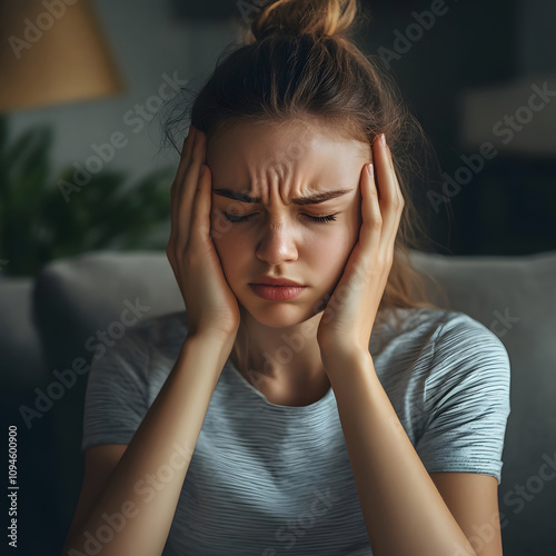 A young woman appears distressed, holding her head in her hands, conveying feelings of stress and anxiety in a dimly lit room.