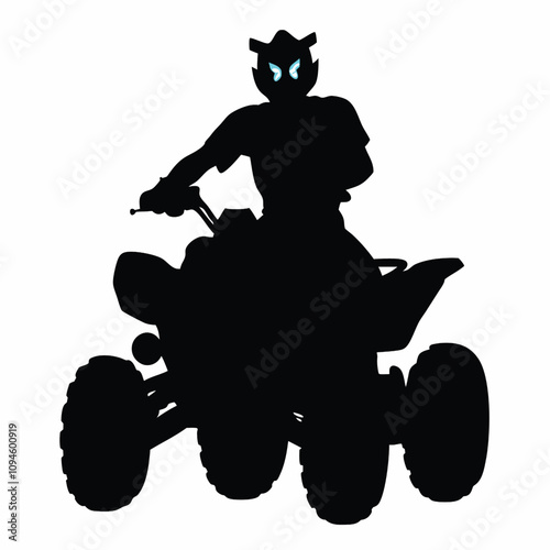 A man is riding a black ATV. The ATV has four wheels and is black in color