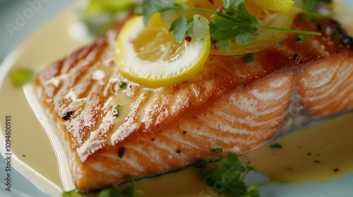 A fresh salmon fish, perfectly plated on a stylish dish, glistening with a lemon glaze, garnished with vibrant herbs.