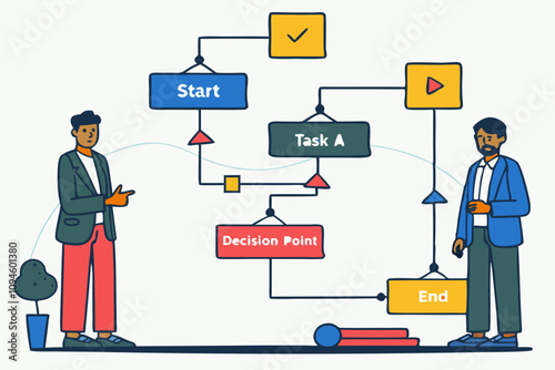 Business Process, Workflow Diagram or Model Design, Flowchart to Get Result, Map or Plan for Business Procedure, Solution, Strategy to Implement Concept, Business People Drawing Workflow Process:
