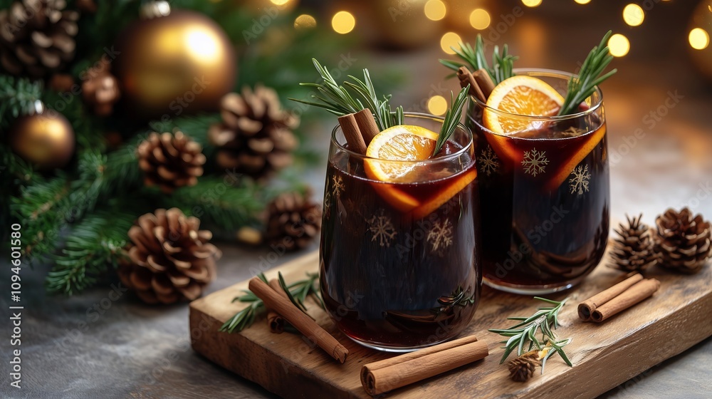 Two glasses of mulled wine with orange and rosemary celebrating christmas Two glasses of mulled wine with orange and rosemary celebrating christmas