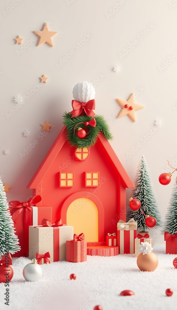 Red Christmas house with presents, trees, and ornaments in a snowy scene.
