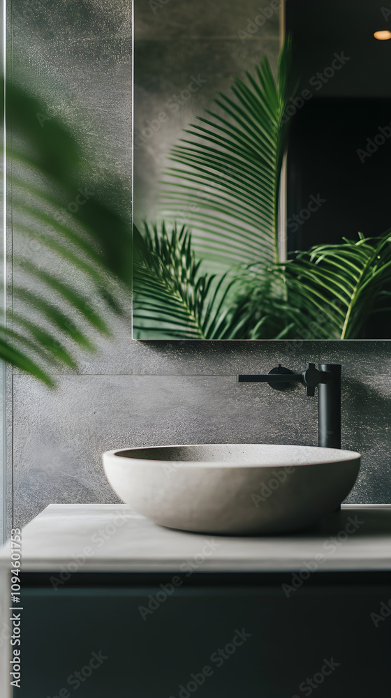 Close up of modern vanity, opulence. Moody jungle. 3D render. Close up of modern vanity, opulence. Moody jungle. 3D render.