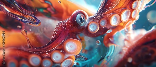 Vibrant close-up of an octopus underwater, showcasing its intricate texture and striking colors.  Perfect for marine life, nature, and underwater themes. photo